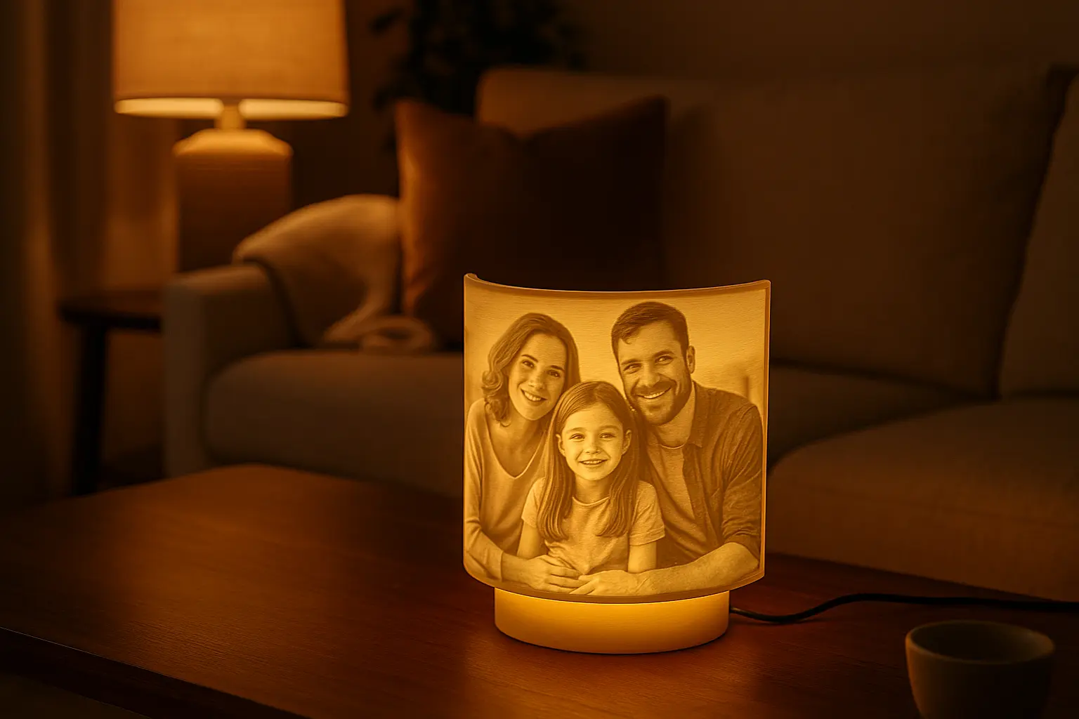 Warmly lit personalized lamp on a table