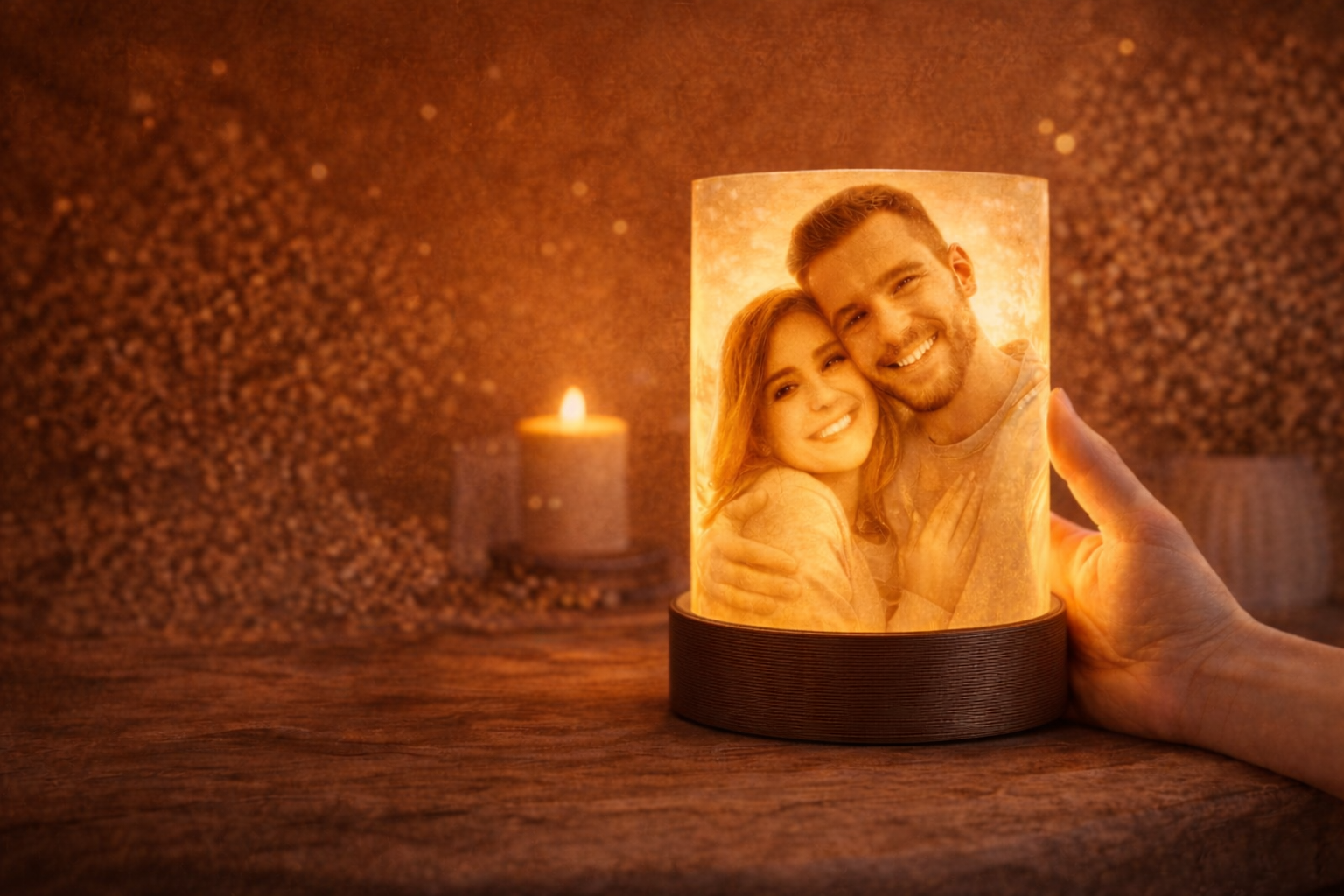 Glowing lithophane lamp with a photo